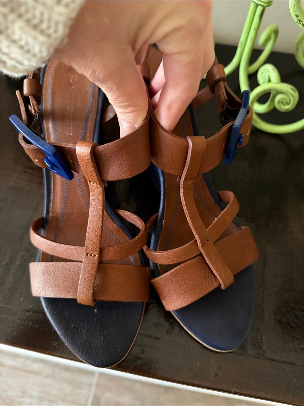 BOSS ORANGE Brown Leather Wedge Sandals with Blue Buckle - Picture 3 of 8
